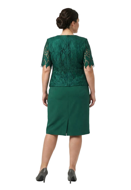 Rochie formală verde, din dantelă, cu broșă, mărimi mari