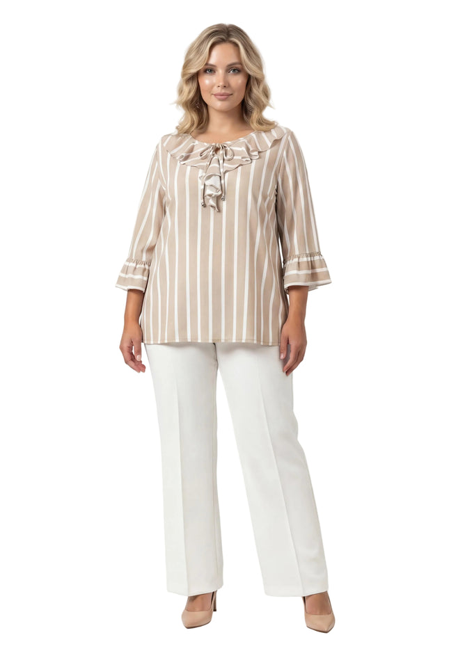 Официална разкроена туника на райе в бежово и бяло