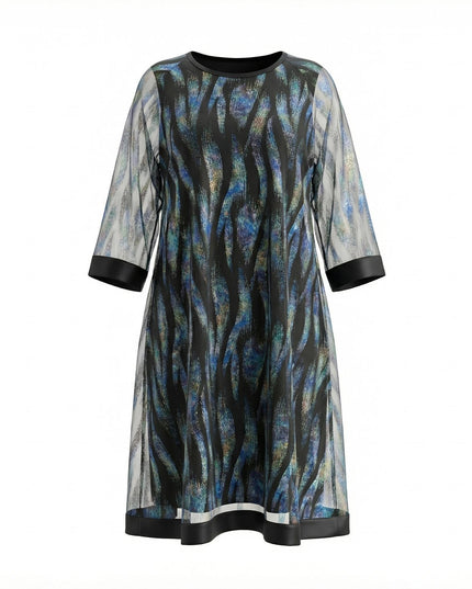 Официална макси рокля с ефект две части, шифон и еко кожа в тъмносиньо