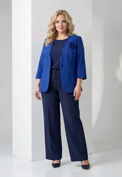 Официално дамско сако големи размери в кралскосин цвят с роза