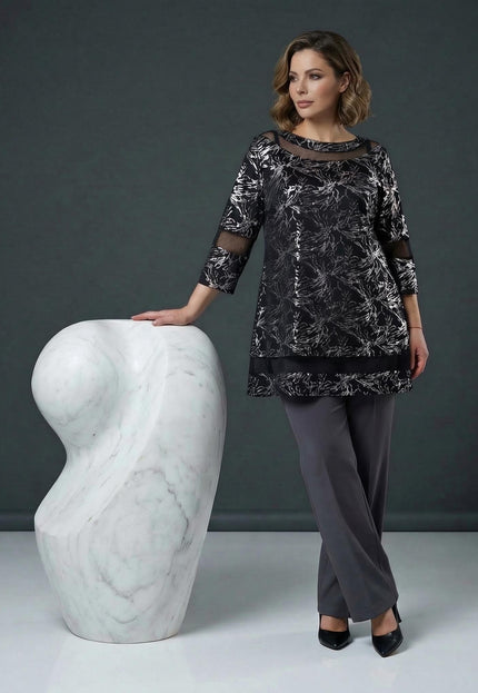 Черна официална макси туника с мрежести детайли и сребрист принт