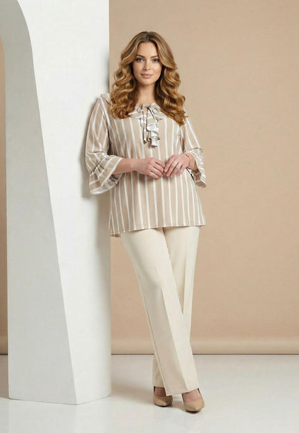 Официална разкроена туника на райе в бежово и бяло