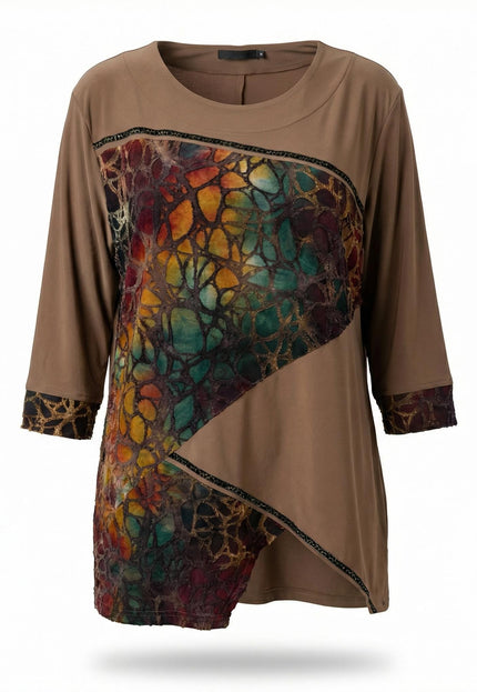 Официална разкроена макси туника в кафяво с ефектна асиметрична платка