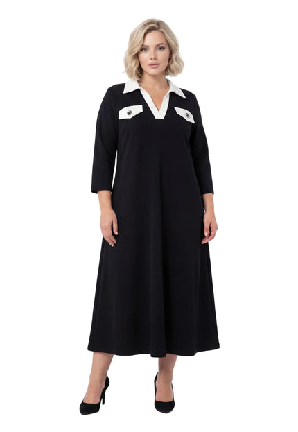Черна официална макси рокля големи размери с контрастна яка