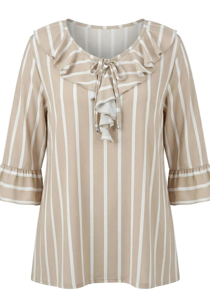 Официална разкроена туника на райе в бежово и бяло