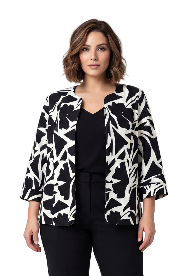 Елегантно дамско макси сако в черно и бяло без закопчаване