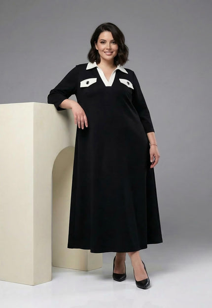 Черна официална макси рокля големи размери с контрастна яка