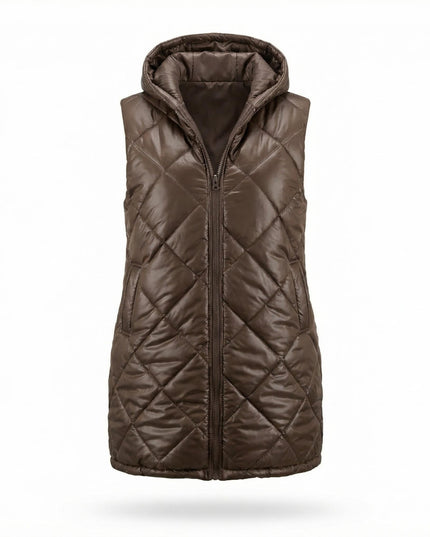 Шоколадово кафяв дълъг ватиран елек с качулка