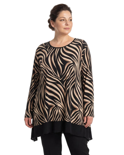 Елегантна асиметрична туника с вълнообразен десен в черно и капучино - големи размери