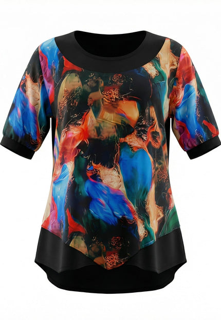 Официална разкроена туника с асиметричен шифон и цветен принт