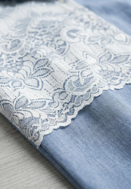 Елегантна синя макси риза от лен с дантела и 7/8 ръкав