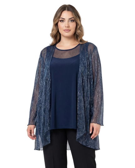 Елегантен официален дамски комплект с туника и жилетка в тъмносиньо с блясък