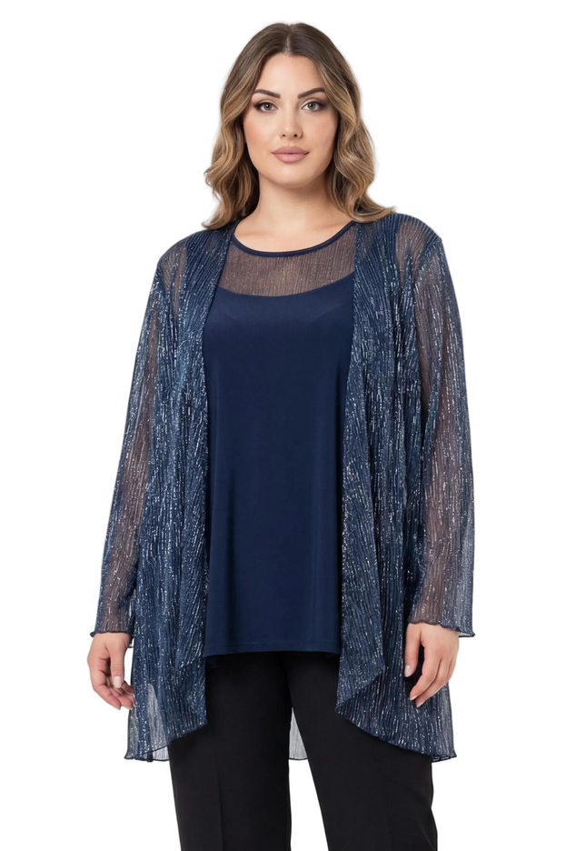 Елегантен официален дамски комплект с туника и жилетка в тъмносиньо с блясък