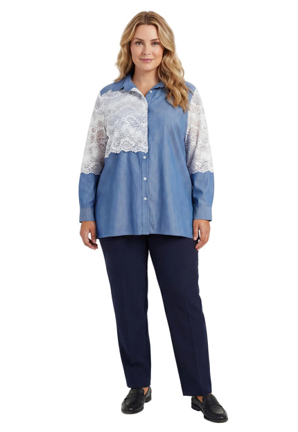 Елегантна синя макси риза от лен с дантела и 7/8 ръкав