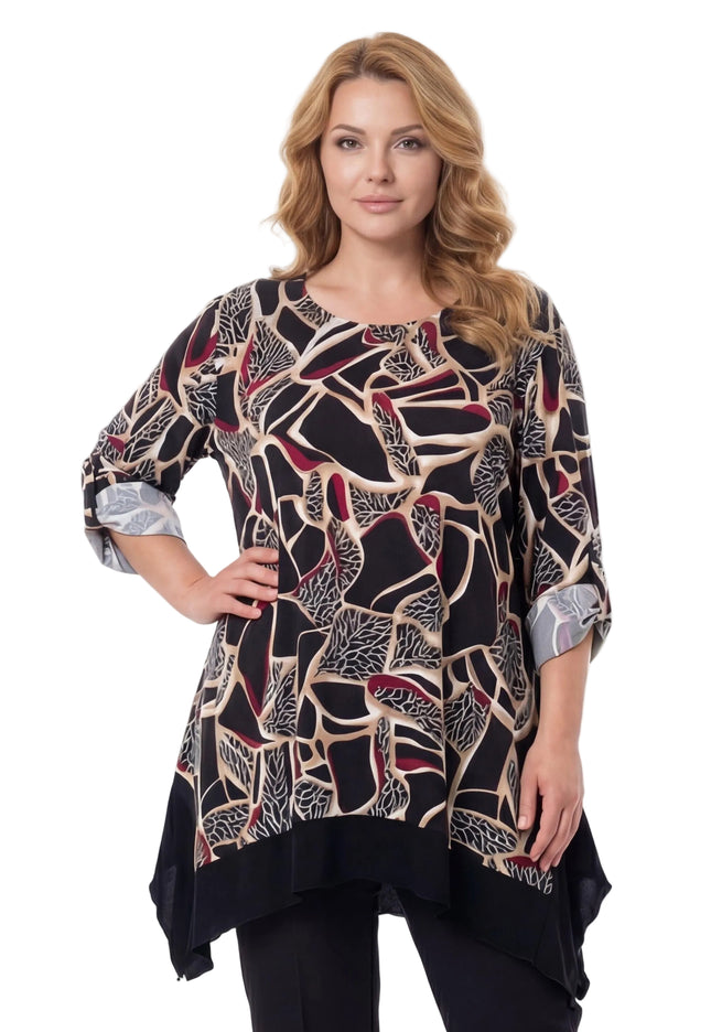 Елегантна разкроена макси туника с абстрактен вълнообразен принт