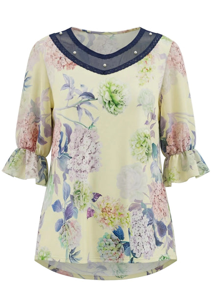 Официална разкроена макси туника на цветя в жълто с перли и тюл