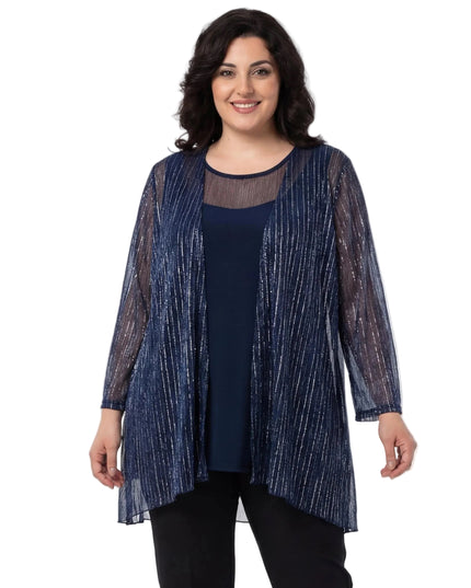 Елегантен официален дамски комплект с туника и жилетка в тъмносиньо с блясък