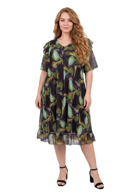 Официална шифонена рокля в пъстър десен с разкроена кройка