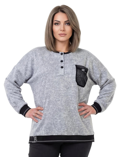 Светлосива туника меланж с декоративен джоб и мрежа