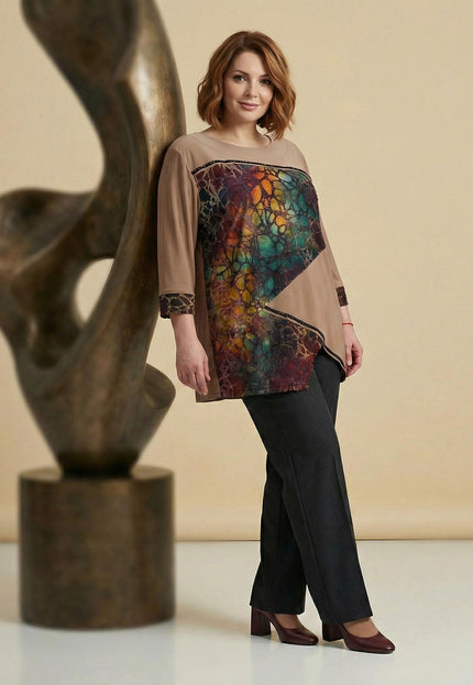 Официална разкроена макси туника в кафяво с ефектна асиметрична платка