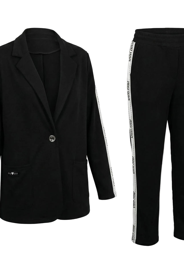 Черен ежедневен дамски комплект от две части сако и панталон големи размери