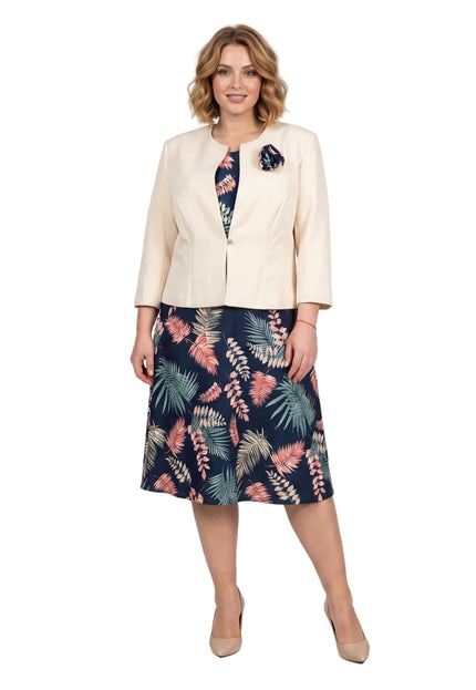 Елегантен дамски костюм от рокля на цветя и бежово сако големи размери