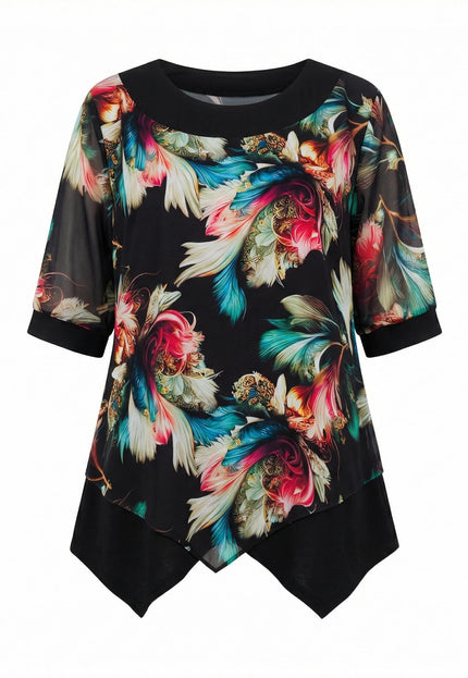 Официална туника с шарен шифон и тюл в  големи размери