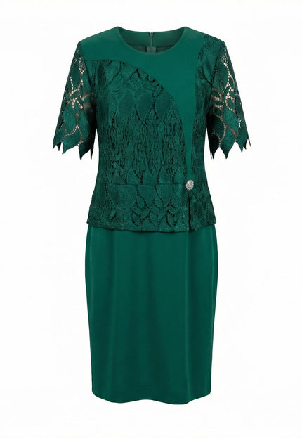 Rochie formală verde, din dantelă, cu broșă, mărimi mari