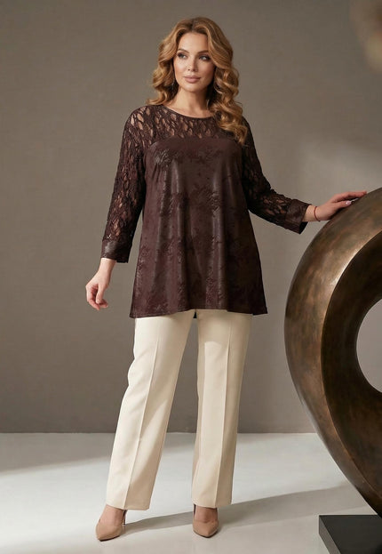 Официална макси туника с ефектна дантела в кафяво