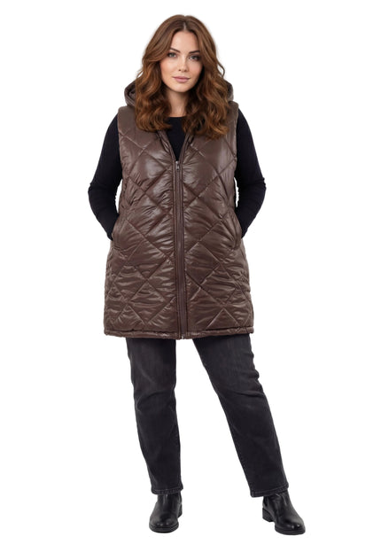 Шоколадово кафяв дълъг ватиран елек с качулка