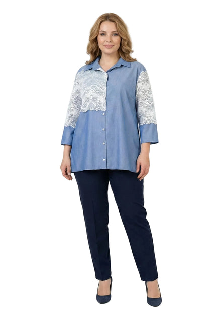 Елегантна синя макси риза от лен с дантела и 7/8 ръкав