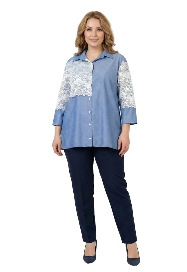 Елегантна синя макси риза от лен с дантела и 7/8 ръкав