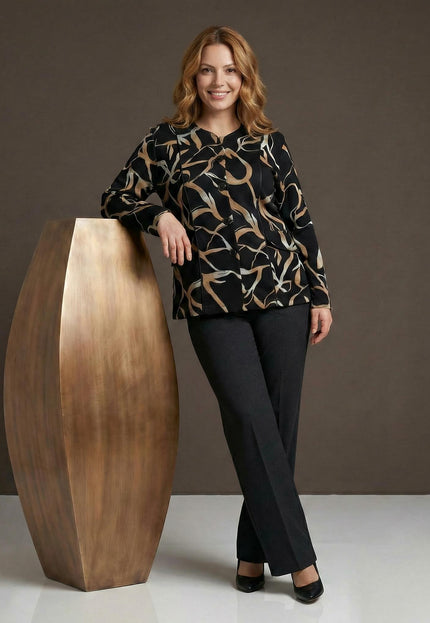 Елегантно черно макси сако с абстрактен десен и копчета