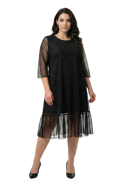 Официална разкроена макси рокля в черно от шифон с камъни и 7/8 ръкави