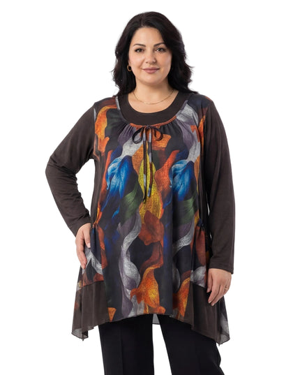Елегантна разкроена туника с абстрактни цветя в големи размери