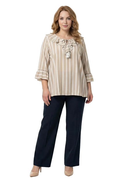 Официална разкроена туника на райе в бежово и бяло