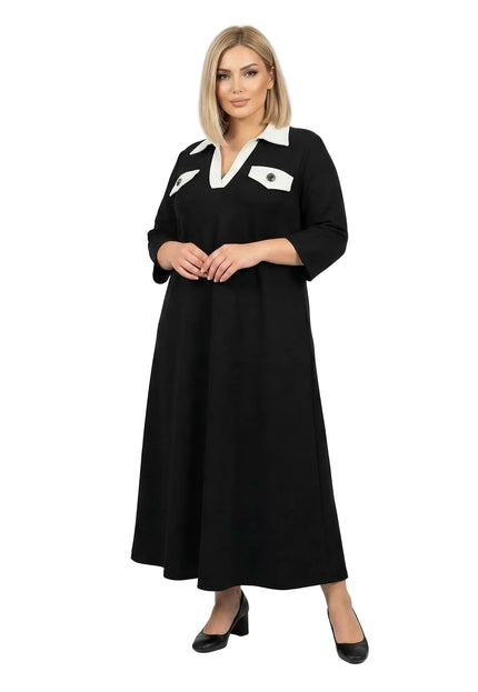 Черна официална макси рокля големи размери с контрастна яка