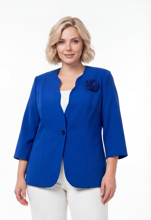 Официално дамско сако големи размери в кралскосин цвят с роза