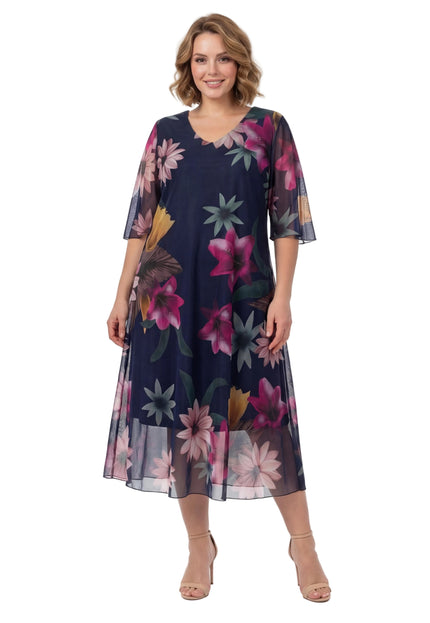 Официална тъмносиня макси рокля с ефирен флорален шифон