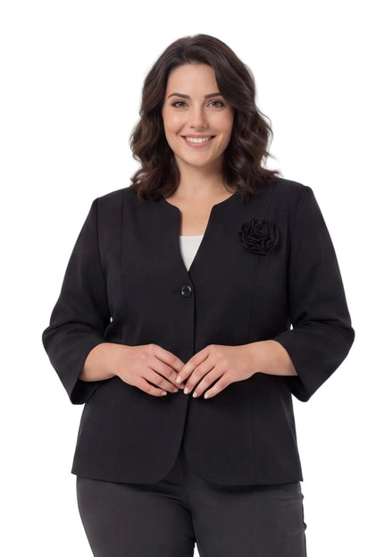 Елегантно черно сако големи размери с акцент роза