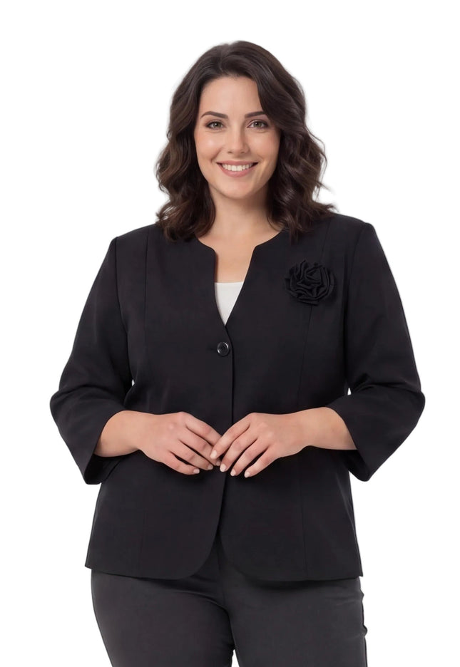 Елегантно черно сако големи размери с акцент роза