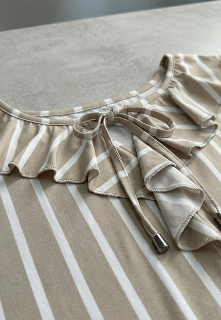 Официална разкроена туника на райе в бежово и бяло