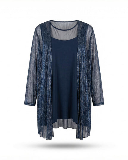 Елегантен официален дамски комплект с туника и жилетка в тъмносиньо с блясък