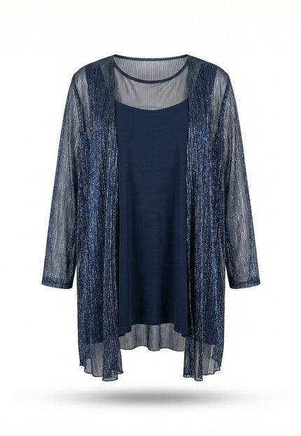 Set elegant de damă, de ocazie, cu tunică și vestă, bleumarin cu sclipici