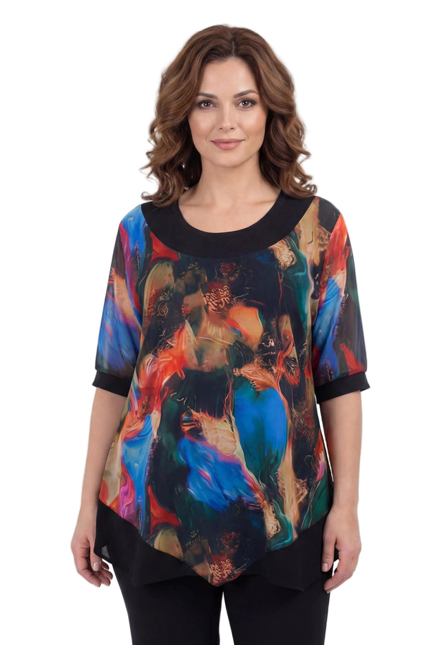 Официална разкроена туника с асиметричен шифон и цветен принт