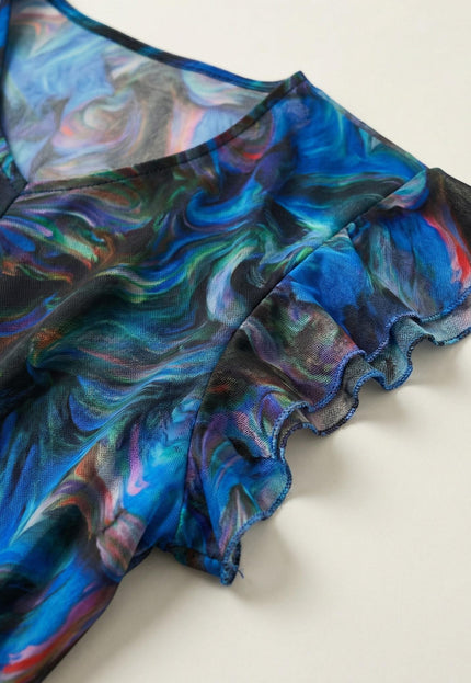 Шарена официална рокля големи размери с ефектен ръкав и шифон