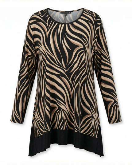 Елегантна асиметрична туника с вълнообразен десен в черно и капучино - големи размери