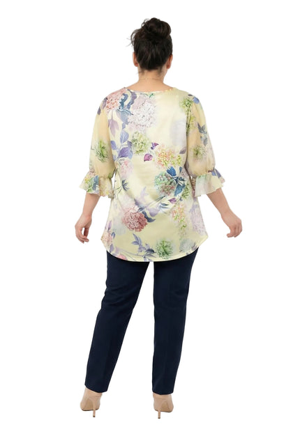 Официална разкроена макси туника на цветя в жълто с перли и тюл