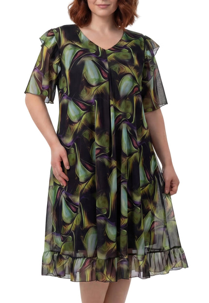 Официална шифонена рокля в пъстър десен с разкроена кройка