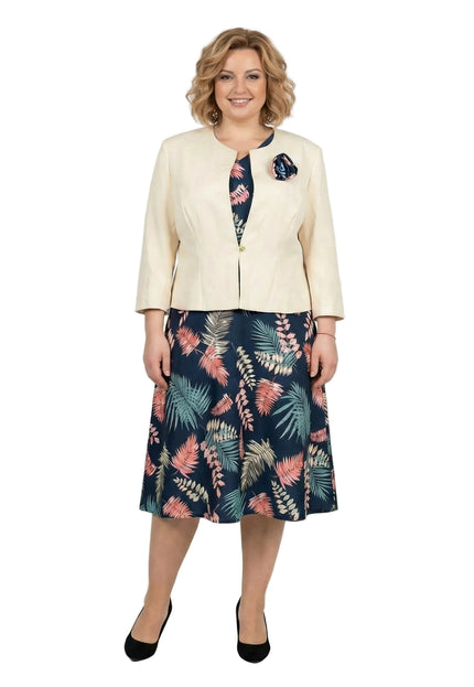 Елегантен дамски костюм от рокля на цветя и бежово сако големи размери